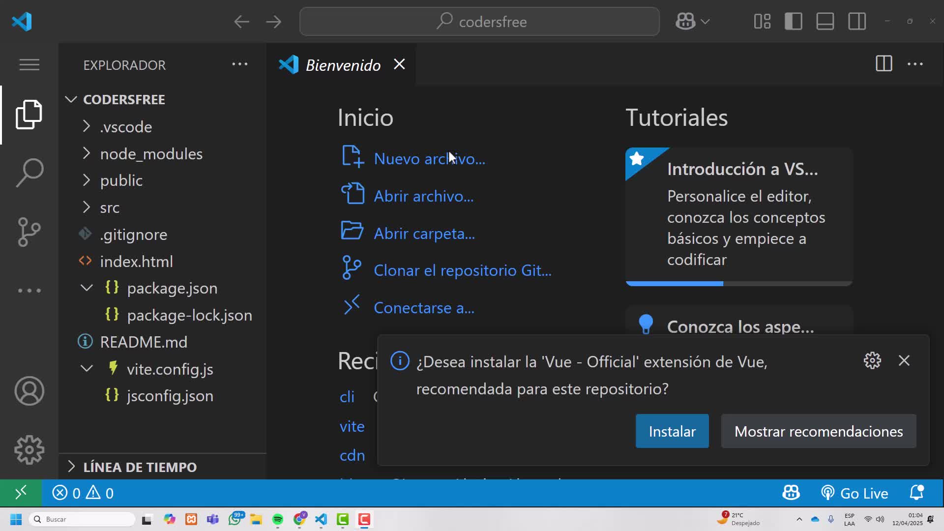 Instalar extensión Vue Official